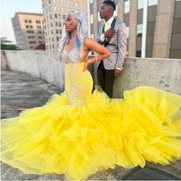 Bright Yellow Prom Dresses 2023 Beads Strap Crystal Tiered Bottom Special Occasion Robes Birthday Party Gowns For Arabic Women