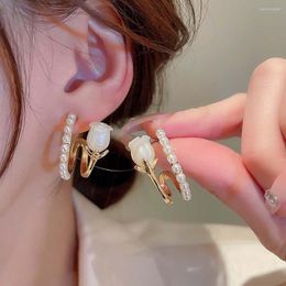 Hoop Earrings Korean Pearl Acrylic Tulip Flower Double-layer C-shaped Temperament Gold Silver Color Stud Earring For Women