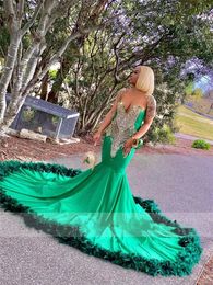 Sparkly Green Crystals Prom Dresses Feathers 2023 Rhinestones Sexy Mermaid Birthday Party Evening Gowns Robe De Bal 322