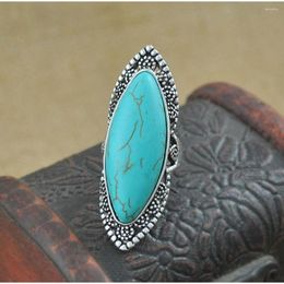 Wedding Rings Vintage Bohemian Horseeye Turquoise Stone Long Finger Ring For Women Retro Exaggerated Thick Ethnic Style Jewelry