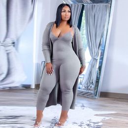Womens Plus Size Pants Loungewear Women Sexy Outfits Two Piece Sets Ribbed Slip Jumpsuits and Long Sleeve Coat Wholesale Drop 230302
