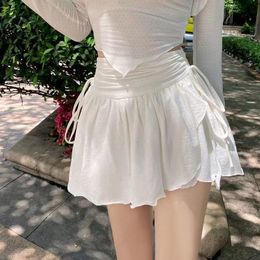 Skirts HOUZHOU Sexy Cute White Mini Skirt Women Drawstring Folds High Waist Irregular Ruffle Patchwork Fairycore Short Mori Girl 230302