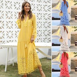 Skirts Bohemian Women Lace Tassel Dress 2023 Summer Sexy V Neck Solid Short Sleeve Maxi Long Beach Party Dresses Oversized Vestidos