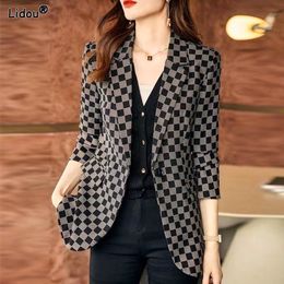 Women's Suits Blazers Office Lady Coat Casual Blazers Lattice Loose ity Generous Formal Notched Pockets Women's Clothing Button Autumn Winter 230302