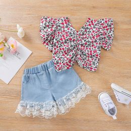 Kleinkind -Baby -Mädchen Kleidung Sets Blumen Top Denim Lace Shorts Kinder Set Set