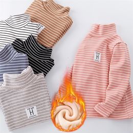 Tshirts Winter Baby Boy T Shirt Striped Girls And Tops Plush Thickened Long Sleeve TurtleneckTop Underwear Kid Clothes 230301
