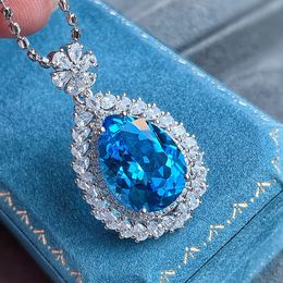 Women Pendant Necklaces European and American style girl student sky blue crystal zircon diamond water drop pendant white gold plated necklace Jewellery gift