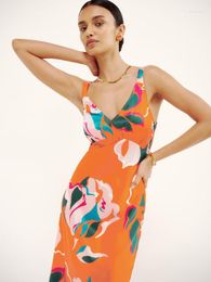 Casual Dresses Fashion Women Sleeveless Dress With Floral Print V Neck Bright Colour Matching Summer Clothing Club Street Style Orange S M L