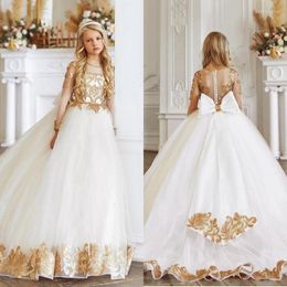 Girl Dresses Luxury Glitter Sequined White Flower For Wedding 2023 Full Sleeves O-Neck First Communion Gowns With Bow