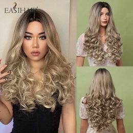 Synthetic Wigs Easihair Long Synthetic Wigs Curly Brown to Blonde Ombre for Women Natural Hair Cosplay Heat Resistant Wavy Fake 230227