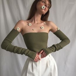 Women's Tanks Women Sexy Off Shoulder Green Knit Crop Tops 2023 Sweet Tube Top Feminino Sleevess Backless Cropped Solid Streetwear
