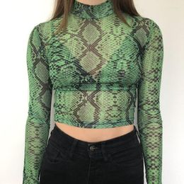 Women's Blouses Green Snakeskin Print Mesh Top E-girl Women Y2K Outfit Stretchy High Neck Long Sleeve Crop Blouse