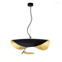 Pendant Lamps Nordic Iron Ultra Thin Hat Shape Lotus Leaf Style Outer Black / White Painted Inner Golden LED E27 Warm With Cord Lights