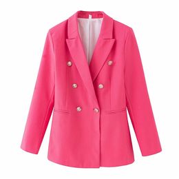 Women's Suits Blazers Elegant women chic button blazer office ladies pocket jackets casual female slim notched suits solid pink girls chic sets 230302