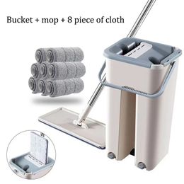 Mops Hand Wash Free Mop Quick Clean Microfiber Squeeze Flat Mop For Wash Floor Home Bathroom Kitchen Cleaning Mop With Bucket Kit 230302