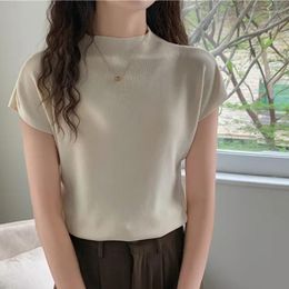 Women's Blouses Fashion 2023 Casual Shirt Summer Short Sleeve Blouse Women Ice Silk Knit Tops Solid Slim Fit Half High Collar Clothes 20613