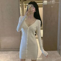 Casual Dresses Long Sleeve Dress Autumn Knitted Korean Sexy Mini Women's Bandage V-neck White Sweater Paty 2023 Fashion