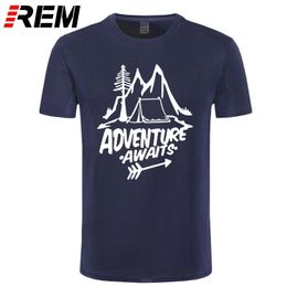 Men's T-Shirts REM Adventure Awaits Letter T-shirt Travel Pine Tree Mountains Tent Printing T-shirt Top Quality Pure Cotton Unisex 230302