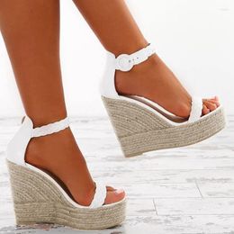 Sandals High Platform Wedge Women Summer Fashion Open Toe Straw Sole Gold Black White Leather Wedges Ankle Strap Shoes