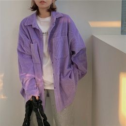 Women's Blouses Shirts QWEEK Korean Style Y2k Purple Corduroy Shirts Women Fall Vintage Oversize Cardigan Long Sleeve Blouses Ladies Trend Alt Clothes 230302