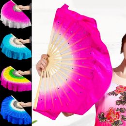 Chinese Short Belly Dance Fan 30cm Bamboo 10cm Half Circle Silk Veil Pairs Yangko Dance Folding Hand Fans Adults Show Props