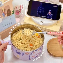 Bowls Sweet House 1000/1300ml Stainless Steel Ramen Bowl With Lid Cute Large Instant Noodles Fruit Salad Rice Soup Tableware