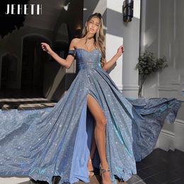 Party Dresses JEHETH Women Sky Blue Shiny Off The Shoulder Evening Soft Satin Sweetheart Side Split Sexy Long Prom Formal Gowns 230301