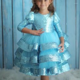 Girl Dresses Sparkly Layers Glitter Flower Kid First Birthday Gowns Long Sleeve Girls Prom Celebration With Sequin
