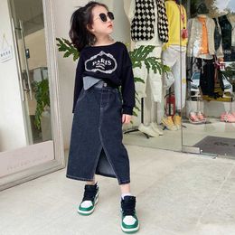 Skirts high waist baby girl jeans skirt split irregular black front open fashion vintage toddler teenage denim midi skirts 3 to 14Y T230301