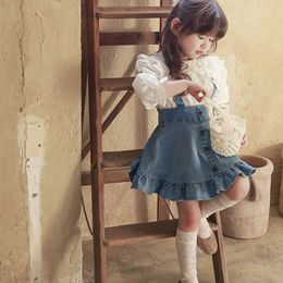 Skirts Baby Girl Denim Suspender Skirt Fashion Casual Clothes Children Girls Ruffles Straps Pageant Skirts Kids 0-6Y Clothes T230301