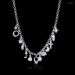 Chains 925 Stamp Silver Necklace Jewelry 18 Inches Shiny Zircon Key Moon Heart Star Cross All-match Christmas Gift