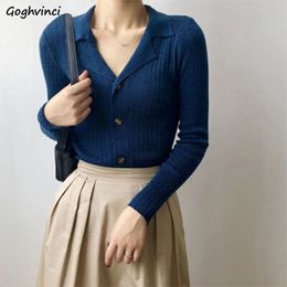 Women's Knits Tees Sweaters Women Notched Office Lady Elegant Simple Korean Style Ulzzang Cardigans Long Sleeve Slim Casual Knitting Female Fashion 230302