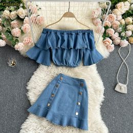 Work Dresses Guilantu Summer Denim Women Set Backless Crop Top And Mini Skirt Jeans Two Piece Outfits Harajuku Sexy 2 Female