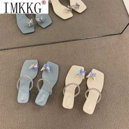 Slippers Thick Heel Rhinestone Sandals and Women's Shoes 2022 Summer Outer Wear High Fairy Style Butterfly Y2302