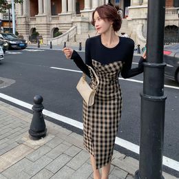 Casual Dresses Autumn Lattice Splicing Women Dress Long Sleeve Office Lady Female Bodycon Temperament Sheath Midi Black Womens