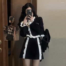 Work Dresses Autumn Fashion Black Skirt Suit Women Korean Design Ruffled Contrast Colour Cropped Jackets Mini Skirts Woman Sets