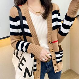 Women's Knits Tees Spring Ma Baoli Plaid Cardigan Knitted Cashmere Sweater Net Red Sweater V-Neck Loose Long-Sleeved Stripes 230302