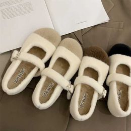 Dress Shoes Real Rabbit Fur Warm Ballet Flats Women Korean Buckle Strap Moccasins Cozy Round Toe Winter Plush Snow Shoes Anti-skid Loafers L230302