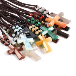 Pendant Necklaces Cross-Shape Necklace Natural Stone Malachite Opal Topaz Agate Charm For Women Men Jewelry Gifts 47x33mm