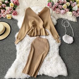 Work Dresses Autumn Winter 2023 Korean Style Long Sleeve V-neck Backless Bright Silk Knitted Sweater High Waist Hip Wrap Skirt Two-piece Set