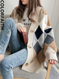 Women s Knits Tees Colorfaith Plaid Chic Cardigans Button Puff Sleeve Chequered Oversized Sweaters Winter Spring Sweater Tops SW658 230302