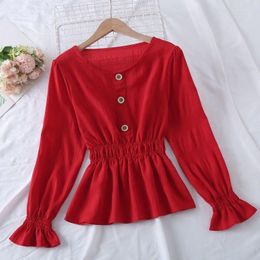 Women's Blouses Spring Autumn Long Flare Sleeve Women Blouse O-Neck Solid Colour Teenage Girl Shirt Ladies Slim Shirts Tops And