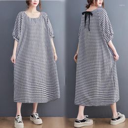 Party Dresses Black White Plaid Dress 2023 Arrival Cotton Linen Loose Cozy Women Travel Casual Summer Office Lady Work Midi