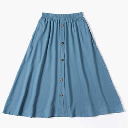 Skirts kids teen girls blue cotton buttoned midi skirts 6 to 16 years children girl fashion summer casual flare skirt clothing T230301