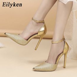 2023 New Glitter Women Pumps Spring Lady Pointed Toe High Heels Party Ankle Buckle Strap Prom Shoes Sandals Mules 230302