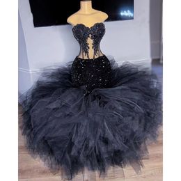 Charming Black Prom Dresses Sweetheart Sequined Strapless Illusion Ruffles Formal Sexy Evening Dress Vestido De Fiesta