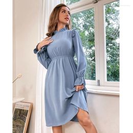 Casual Dresses Summer Party Elegant Dress Women 2023 Sexy Design High Wasit Vintage Flared Sleeves Polyester Sweet Haze Blue