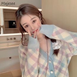 Women's Knits Tees Cardigan Women Argyle Sweet Girl Spring Autumn Outerwear Korean Fresh Single Breasted Loose Sweater Lovely Colorful Lazy Knitted 230302