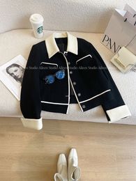 Women's Jackets Contrast Color Patchwork Women Classic Jacket Coat Lapel Roll Up Hem Autumn Winter Lady Short Outwear Harajuku Single Breasted 230302