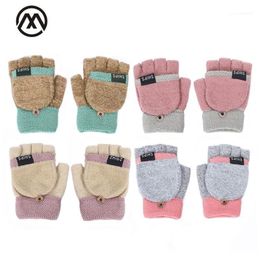 Five Fingers Gloves 2023 Autumn And Winter Cute Ladies Leaking Half Finger Full Knitting Letter Small Button Thick Warm1